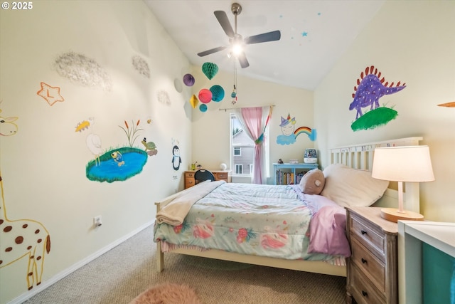 carpeted bedroom with lofted ceiling, ceiling fan, and baseboards