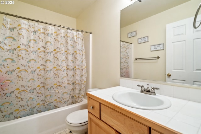 full bathroom with shower / bath combo, vanity, and toilet