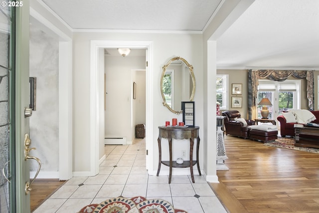 13720 SW Butner Rd, Beaverton, OR 97005 - foyer with baseboard heating, ornamental molding, light tile patterned floors, and baseboards