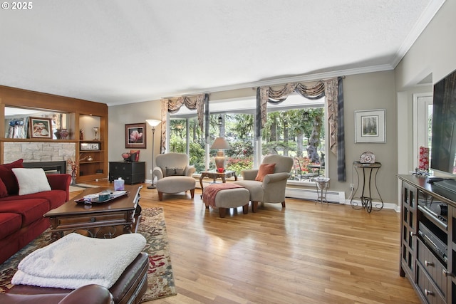 13720 SW Butner Rd, Beaverton, OR 97005 - living room featuring a baseboard heating unit, ornamental molding, healthy amount of natural light, light wood-style floors, and a textured ceiling