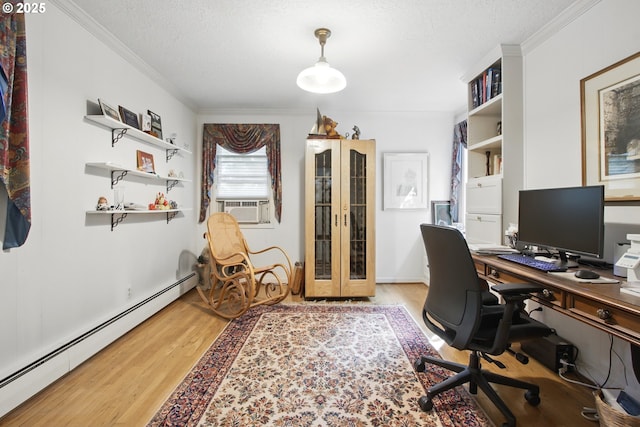 13720 SW Butner Rd, Beaverton, OR 97005 - office area featuring a baseboard radiator, light wood-style floors, ornamental molding, cooling unit, and a textured ceiling
