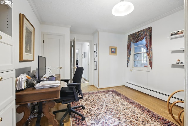 13720 SW Butner Rd, Beaverton, OR 97005 - home office featuring light wood-type flooring, crown molding, a textured ceiling, and a baseboard radiator