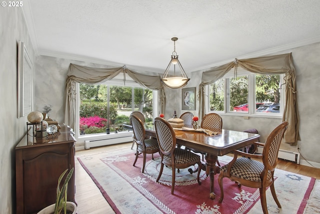 13720 SW Butner Rd, Beaverton, OR 97005 - dining room featuring crown molding, baseboard heating, wood finished floors, healthy amount of natural light, and a textured ceiling
