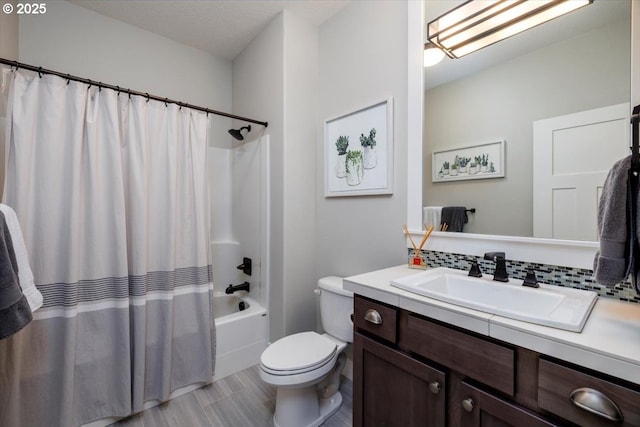 bathroom with vanity, wood finished floors, toilet, shower / bathtub combination with curtain, and backsplash