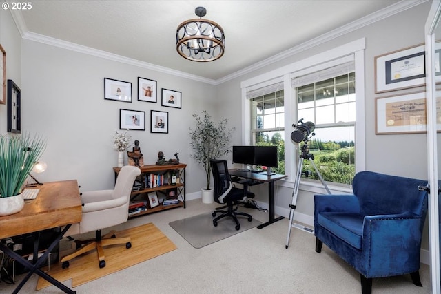 carpeted office with an inviting chandelier, ornamental molding, and baseboards