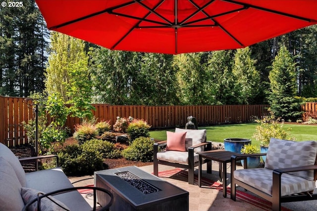 view of patio / terrace featuring a fire pit and a fenced backyard