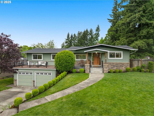view of front facade with stone siding, concrete driveway, an attached garage, and a porch