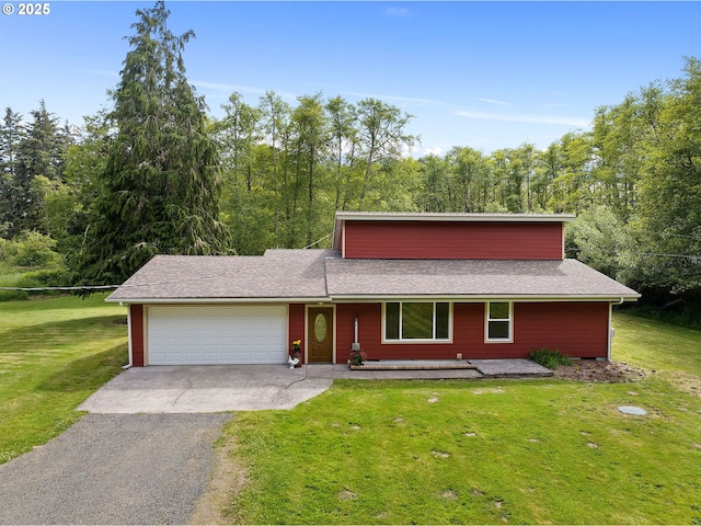 290 12th Ave, Hammond, OR 97121 - mid-century modern home featuring an attached garage, asphalt driveway, a front lawn, and a shingled roof
