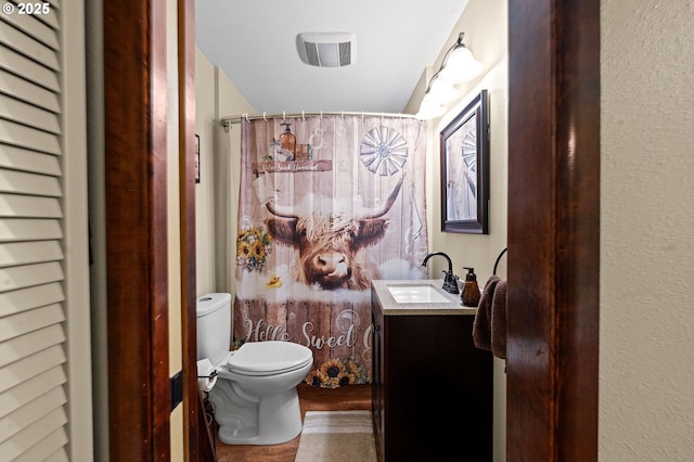 290 12th Ave, Hammond, OR 97121 - bathroom featuring vanity, toilet, wood finished floors, and curtained shower