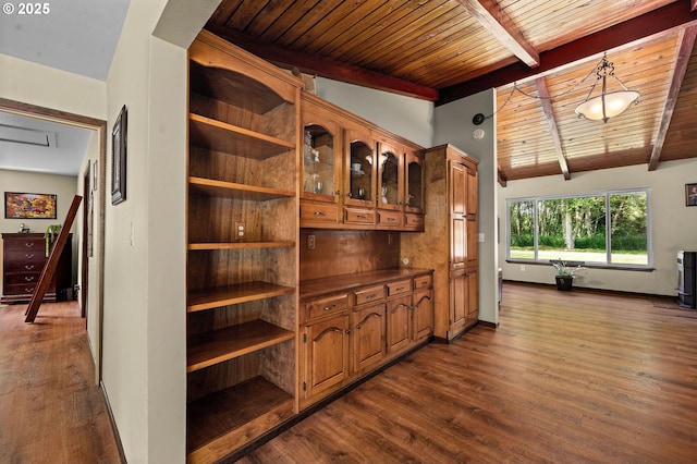 290 12th Ave, Hammond, OR 97121 - bar area featuring wood ceiling, dark wood-type flooring, decorative light fixtures, and baseboards