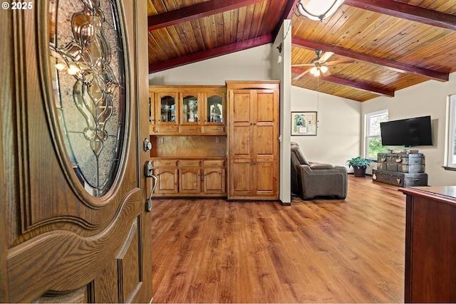 290 12th Ave, Hammond, OR 97121 - entrance foyer featuring light wood-style floors, ceiling fan, and wooden ceiling
