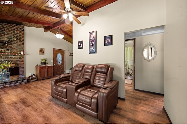 290 12th Ave, Hammond, OR 97121 - living room with wood finished floors, a ceiling fan, wooden ceiling, and baseboards