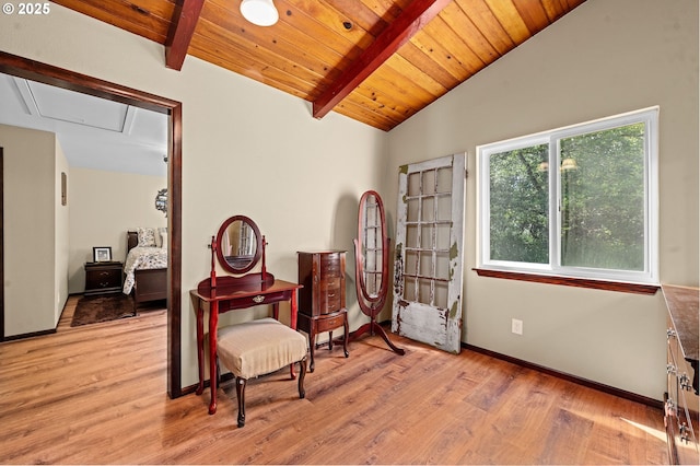 290 12th Ave, Hammond, OR 97121 - living area with wood finished floors, baseboards, attic access, and wooden ceiling