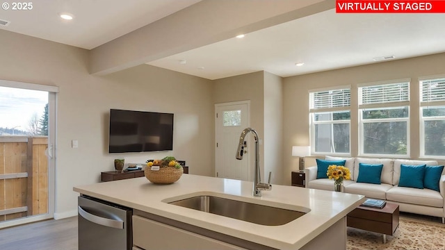 17197 SE Maple Hill Ln, Happy Valley, OR 97086 - kitchen featuring open floor plan, light wood-style flooring, plenty of natural light, and recessed lighting