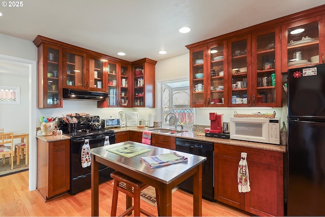 kitchen featuring light wood finished floors, glass insert cabinets, a sink, under cabinet range hood, and black appliances