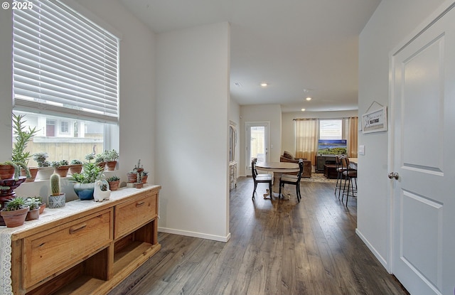 hall with dark wood-style flooring, baseboards, and recessed lighting