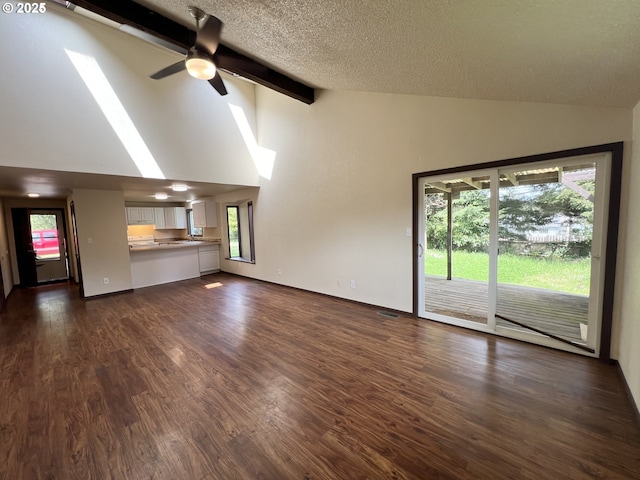 2011/2013 Ohio Ave, North Bend, OR 97459 - unfurnished living room with high vaulted ceiling, beamed ceiling, dark wood-style floors, a textured ceiling, and plenty of natural light