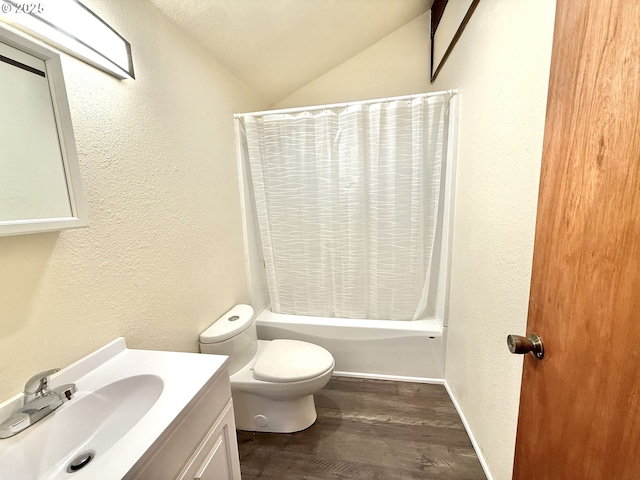 2011/2013 Ohio Ave, North Bend, OR 97459 - bathroom featuring vaulted ceiling, vanity, shower / bath combo, wood finished floors, and a textured wall