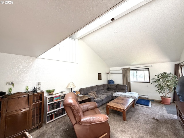 2011/2013 Ohio Ave, North Bend, OR 97459 - carpeted living room featuring lofted ceiling, a textured ceiling, and a baseboard radiator