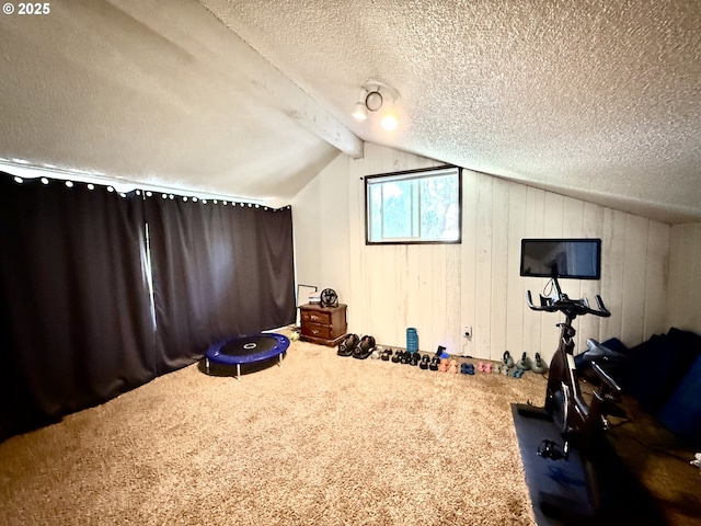 2011/2013 Ohio Ave, North Bend, OR 97459 - workout room with carpet floors, vaulted ceiling, a textured ceiling, and wooden walls