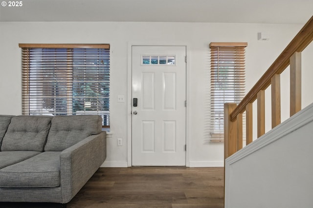 foyer entrance featuring plenty of natural light, baseboards, and wood finished floors