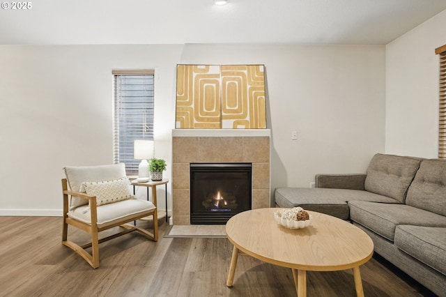 living area with baseboards, wood finished floors, and a fireplace