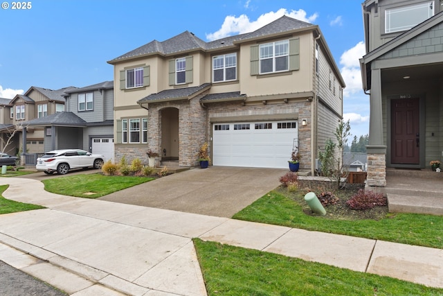 view of property featuring stone siding, stucco siding, concrete driveway, and a garage