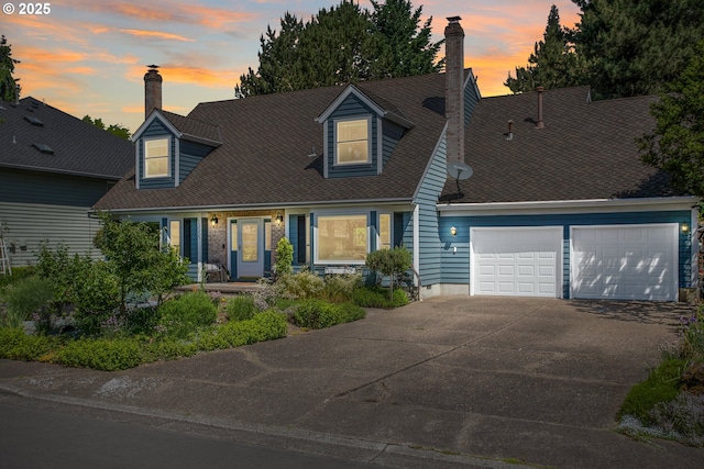 13555 SW Hiteon Ct, Beaverton, OR 97008 - cape cod home featuring concrete driveway, a garage, and a chimney