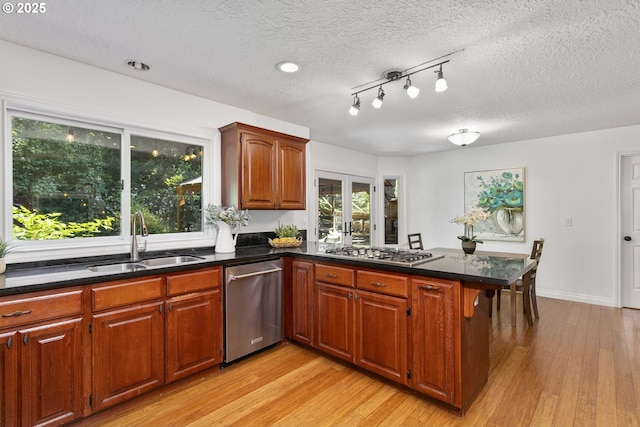 13555 SW Hiteon Ct, Beaverton, OR 97008 - kitchen with appliances with stainless steel finishes, a sink, a peninsula, light wood finished floors, and plenty of natural light