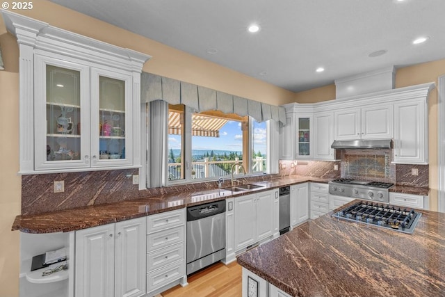 9337 SE Pennington Ct, Happy Valley, OR 97086 - kitchen featuring appliances with stainless steel finishes, a sink, white cabinetry, under cabinet range hood, and backsplash