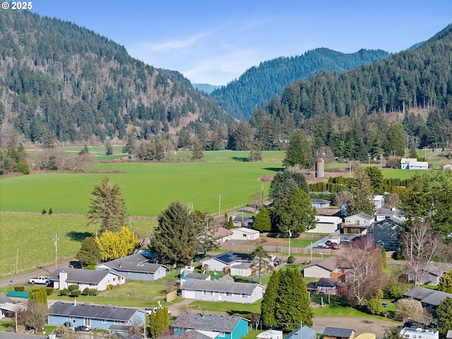 bird's eye view with a mountain view, a forest view, and a residential view