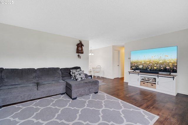 living area with dark wood-type flooring and a textured ceiling