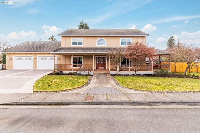 view of front of property featuring covered porch, a garage, fence, driveway, and a front yard