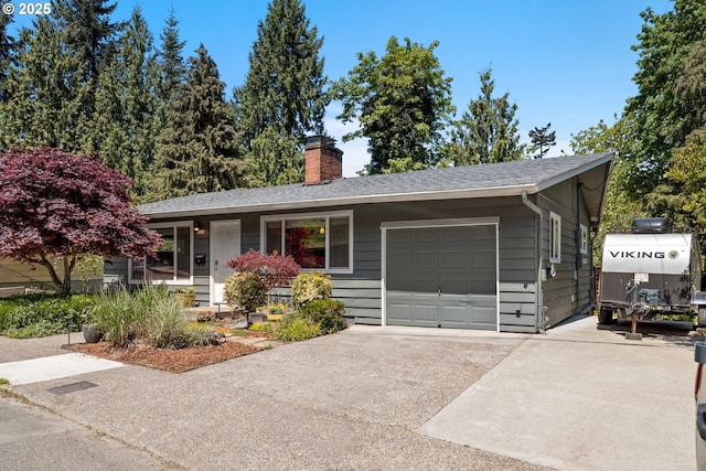 7750 SW 4th Ave, Portland, OR 97219 - single story home featuring a garage, a chimney, driveway, and a shingled roof