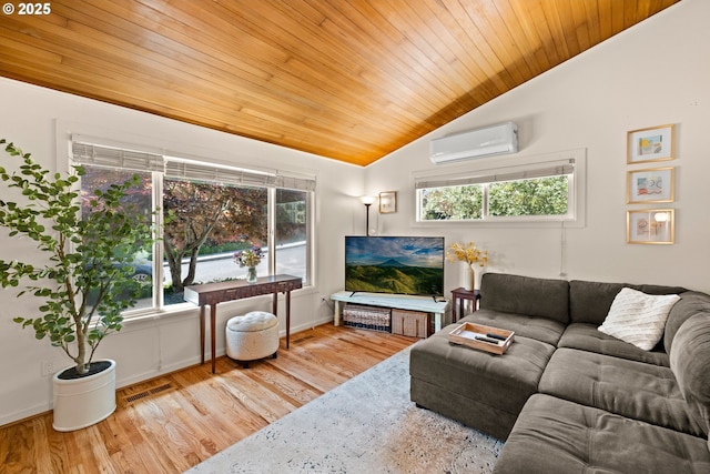 7750 SW 4th Ave, Portland, OR 97219 - living area featuring an AC wall unit, lofted ceiling, wooden ceiling, wood finished floors, and baseboards