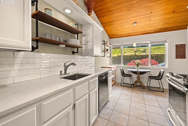 7750 SW 4th Ave, Portland, OR 97219 - kitchen featuring a sink, stainless steel electric stove, dishwasher, wood ceiling, and light tile patterned floors