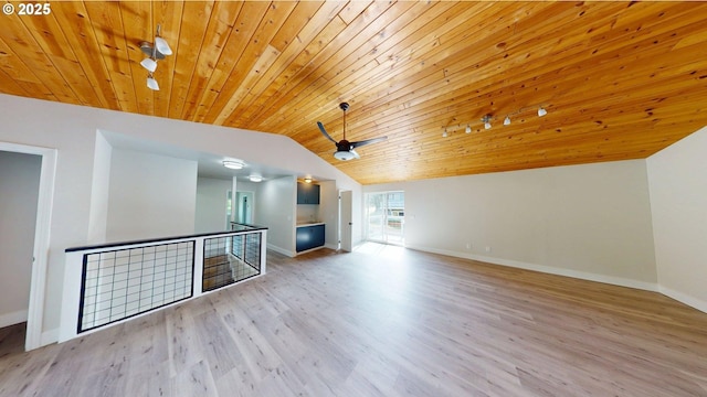 29700 Park Dr, Gold Beach, OR 97444 - unfurnished living room featuring vaulted ceiling, wooden ceiling, wood finished floors, baseboards, and a ceiling fan
