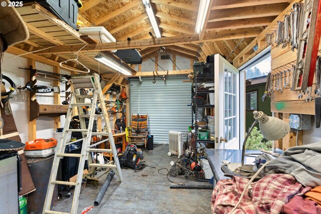 garage with radiator heating unit