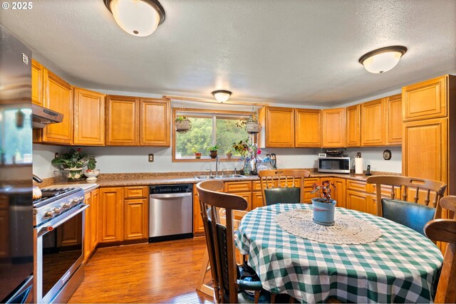 kitchen with light wood-type flooring, a textured ceiling, under cabinet range hood, a sink, and appliances with stainless steel finishes