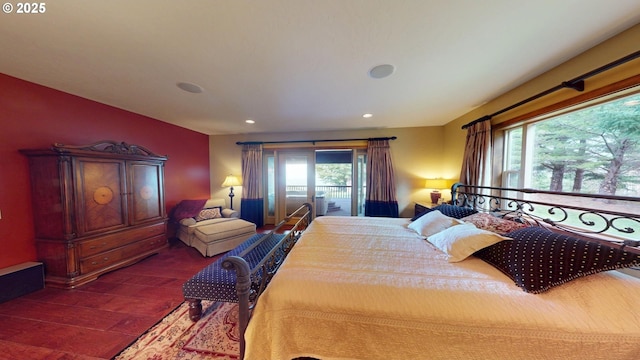 25500 Cape View Loop, Gold Beach, OR 97444 - bedroom featuring access to outside, dark wood-type flooring, and recessed lighting