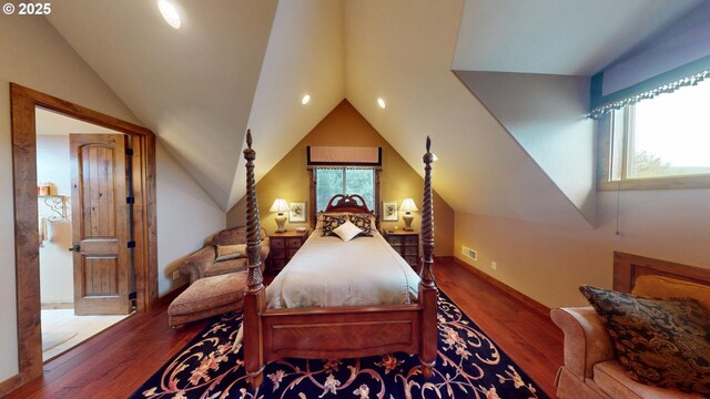 25500 Cape View Loop, Gold Beach, OR 97444 - bedroom with lofted ceiling, wood finished floors, and recessed lighting