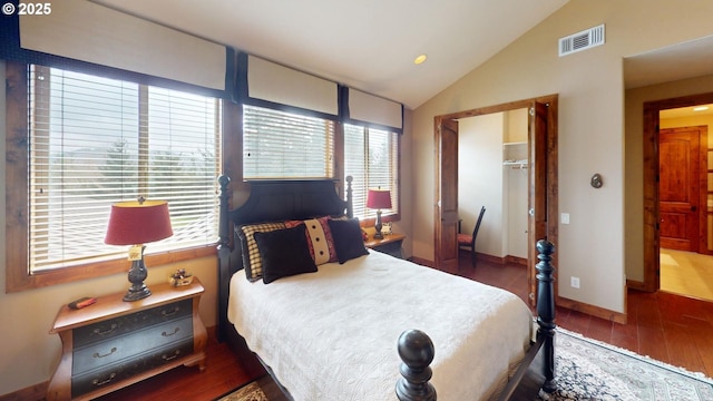 25500 Cape View Loop, Gold Beach, OR 97444 - bedroom featuring lofted ceiling, hardwood / wood-style floors, baseboards, multiple closets, and recessed lighting