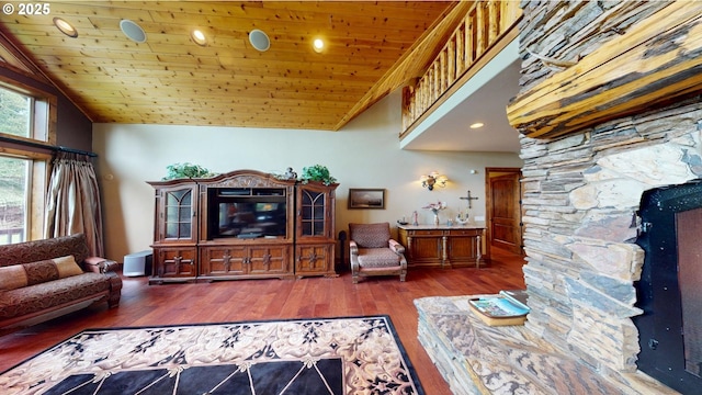 living room featuring wooden ceiling and hardwood / wood-style flooring