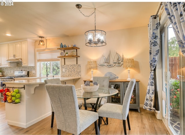 dining space with a chandelier and light hardwood / wood-style floors