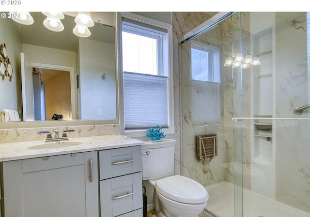 bathroom featuring toilet, vanity, and an enclosed shower