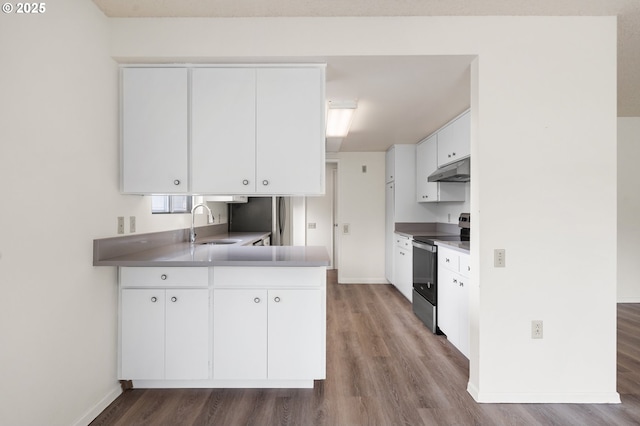 kitchen with under cabinet range hood, stainless steel appliances, a peninsula, a sink, and white cabinetry