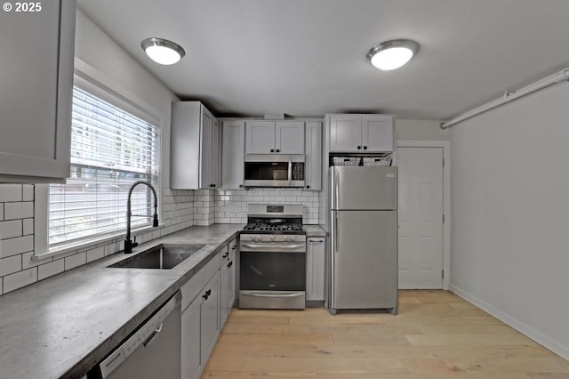 2805 SE Hawthorne Blvd Unit B, Portland, OR 97214 - kitchen with stainless steel appliances, a sink, backsplash, light wood-type flooring, and light countertops