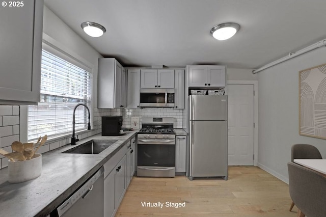 2805 SE Hawthorne Blvd Unit B, Portland, OR 97214 - kitchen featuring stainless steel appliances, a sink, decorative backsplash, light wood-type flooring, and light countertops