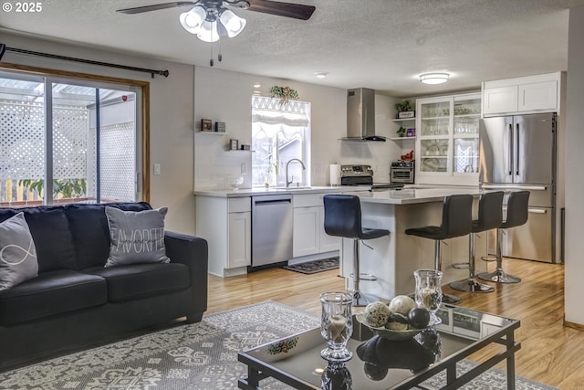 living area with a ceiling fan, a toaster, light wood-style floors, and a textured ceiling