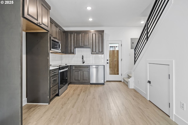 kitchen with sink, backsplash, dark brown cabinets, stainless steel appliances, and light hardwood / wood-style floors